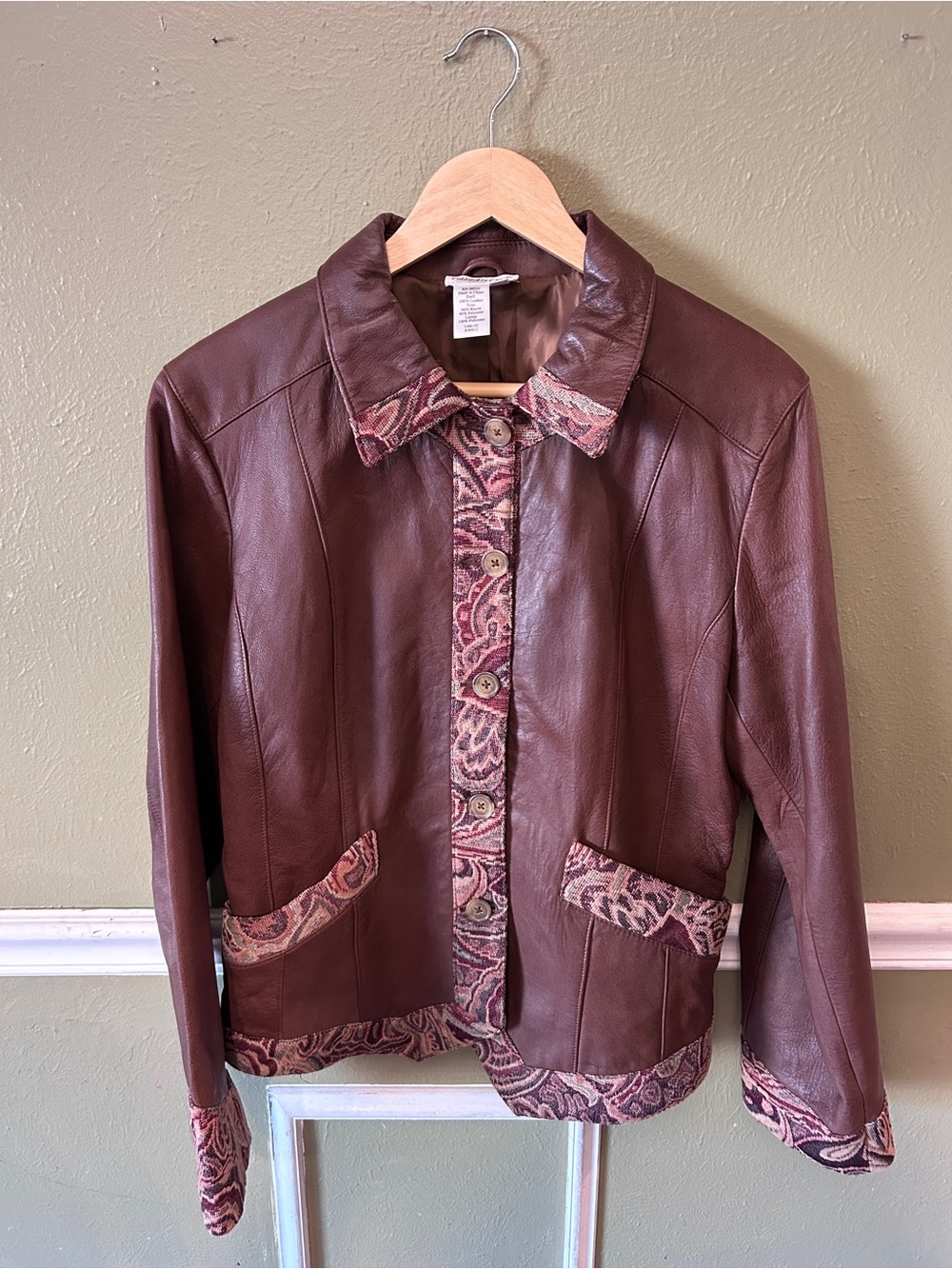 Coldwater Creek Vintage Inspired Leather Tapestry Jacket Cottagecore Jacquard